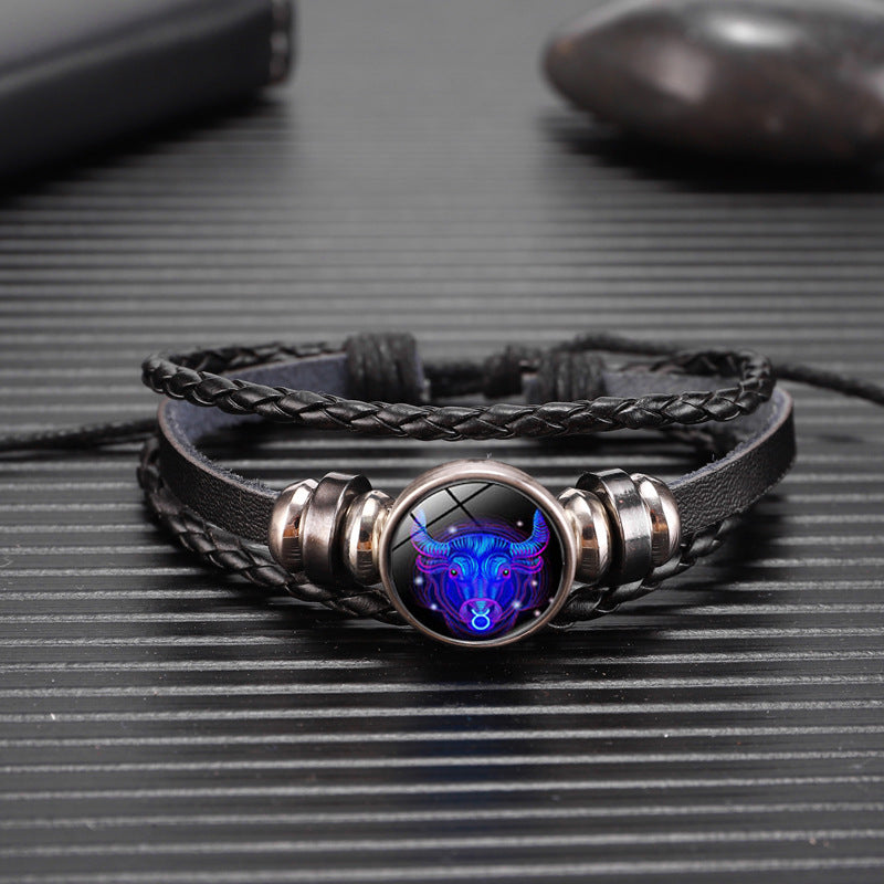 Zodiac Constellation Guardian Black Leather Bracelet Adjustable