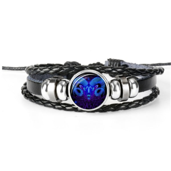 Zodiac Constellation Guardian Black Leather Bracelet Adjustable