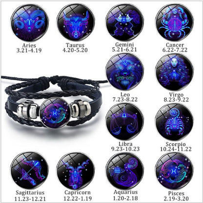 Zodiac Constellation Guardian Black Leather Bracelet Adjustable